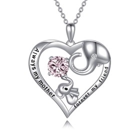 AOBOCO Mother Necklace Sterling Silver Love Heart Elephant Necklace with Birthstone Crystals, Birthday Mother's Day Jewellery Gifts for Mum from Daughter Son, Crystal, Crystal