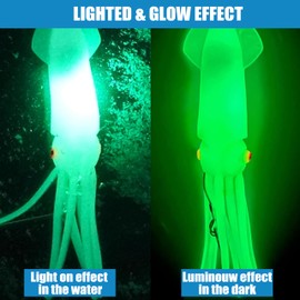 Saltwater Squid Fishing Lures LED Fishing Light Glow Squid Jig Trolling Lures 6/0 Hook Halibut Lincod Jig Deep Drop Light Flasher for Offshore Mackerel Tuna Salmon Striper