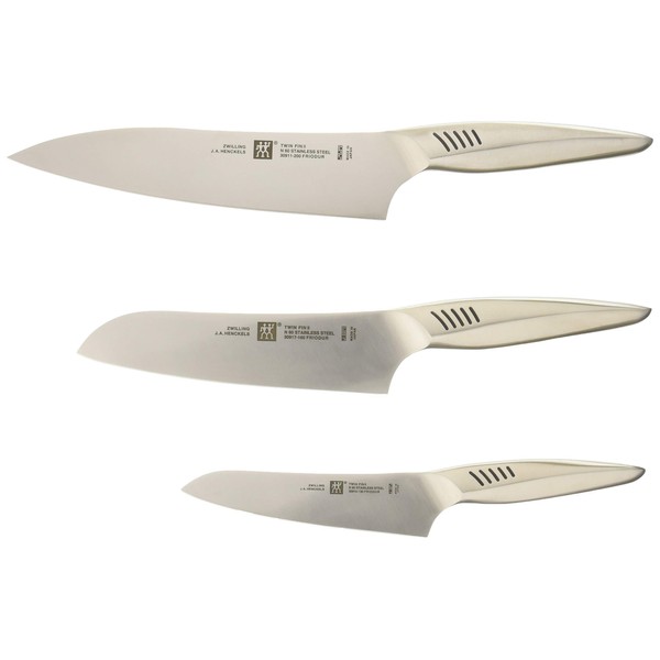 Zwilling 30920-001 Twin Fin 2 Multi-Purpose, Chef, & Petty Knife, 3-Piece Set, Made in Japan, Santoku Knife, Butcher’s Knife, Gift, All Stainless Steel, Dishwasher Safe, Made in Seki City, Gifu