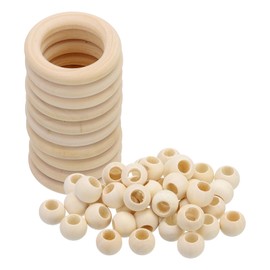 PATIKIL Natural Wood Rings and Unfinished Wooden Beads Set, 10Pcs 40mm Wood Hoop & 30Pcs 20mm Wood Color Round Loose Beads for DIY Pendant Connectors Jewelry Making Macrame Wall