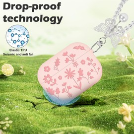 CameCosy for Airpods Pro 2nd Generation (2022)/AirPods Pro (2019) Case with Butterfly Keychain, Pretty Flower Engraved Design Soft Shockproof Dust Cap Protective Cover Case for AirPods Pro 2/Pro-Pink