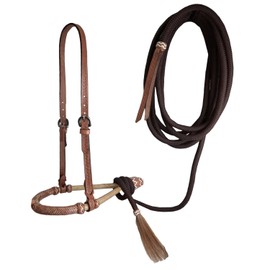 Tahoe 5/8" Rawhide Tan Bosal Mecate Set – Basket-Tooled Leather Hanger with 23 Ft Dark Brown Rope Mecate & Horsehair Tassel with 1-Year Warranty