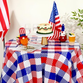 Windkream 3 Pcs Disposable Round Patriotic Tablecloth 4th of July 84 Inch Plastic Tablecloth Red White and Blue Buffalo Plaid Memorial Day Table Cover for Independence Day Dinner Party