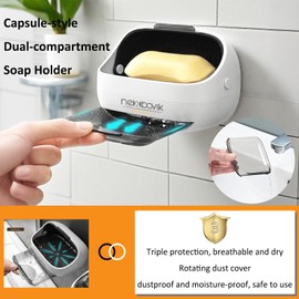 NEWBOVIK Soap Holder with Lid, Premium ABS Soap Dish with Drain Holes, Wall Mounted Soap Holder for Bathroom & Shower – Keeps Soap Dry & Hygienic and Organized (White)