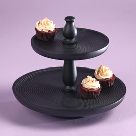 Folkulture Black Ribbed 12 Inch Round 2 Tiered Tray, Wooden Display Stand or Cupcake Holder for Farmhouse Table Decor