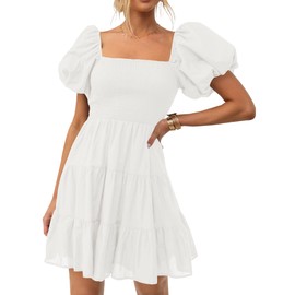 ZESICA Women's 2024 Boho Summer Square Neck Puff Sleeve Off Shoulder Smocked Tiered Casual A Line Short Mini Dress,White,Medium