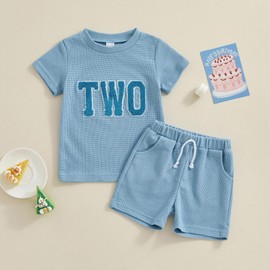 HZPHQY 2T Toddler Baby Boy Girl 2nd Birthday Outfit Two Print T Shirt Shorts Summer Waffle Clothes