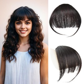 Clip in Bangs Wispy Bangs Clip in Hair Extensions 100% Human Hair Air Bangs Hairpieces for Women Daily Wear (Brown Black)