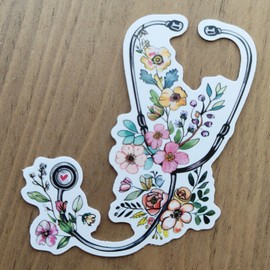 3 x Floral Stethoscope Sticker Nurse Gift, Healthcare Hero, Essential Worker Laptop, Doctor, Dentist, Water Bottle, Journal Sticker, Stethoscope Decor, Tumbler Sticker (Floral Stethoscope - A)