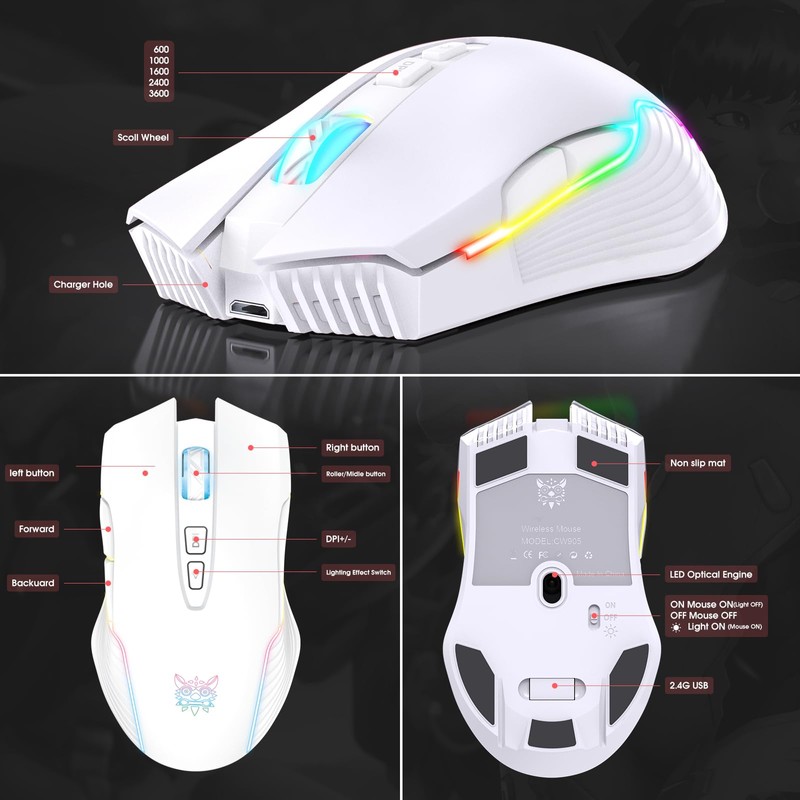 PHNIXGAM Rechargeable Wireless Gaming Mouse, Ergonomic RGB Computer Mouse with