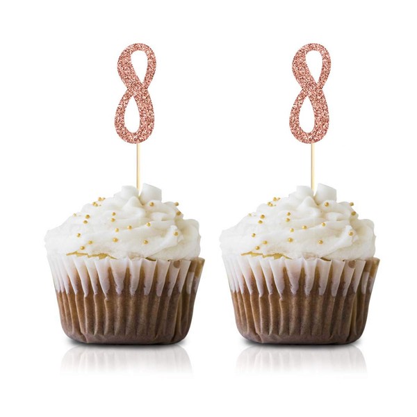 Rose Gold 8th Birthday Cupcake Topper, 24-Pack Number 8 Glitter