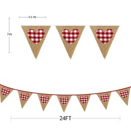 PinkBlume Red Heart Burlap Triangle Flag Garland Banner Party Decoration Red Plaid Heart Shaped Rustic Boho Jute Fabric Pennant Decoration Valencia Inn Birthday Wedding Outdoor Flag Picnic Camping