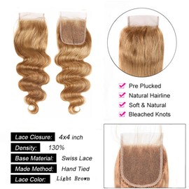 Tuheerst Closure Human Hair 4x4 Lace Closure Body Wave Real Hair Closure Blonde Lace Closure #27 Lace Closure Bresilienne Cheveux Humain for Women 26 Inches