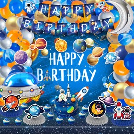 Outer Space Birthday Party Decorations for Kids Space Galaxy Happy Birthday Banner Backdrop Balloons Hanging Swirl Tablecloth Honeycomb Centerpiece Set for Boy Astronaut Theme Birthday Party Supplies