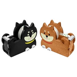 Wooden Tape Dispenser Desk - Cute Adorable Shiba Dog Design for Desk Organizing, 2-Pack Set Office & School Supplies (Black and Brown)