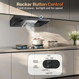 Zomagas 24 inch Range Hood Under Cabinet, Black Kitchen Hood 280CFM Button Control