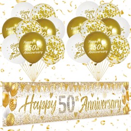 50th Anniversary Decorations Kit - large Happy 50th Anniversary Banner with 18 Balloons, white & Gold Theme for 50 Years Golden Wedding Party, Backdrop, Yard Sign