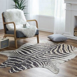 jinchan Zebra Area Rug with Silver Foil 5x7 Faux Cowhide Rug Zebra Print Rug Indoor Floor Cover Animal Skin Alternative Rug Bedroom Living Room Accent Rug Western Theme Safari Decor