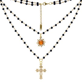 TAMAWire Gold Sun and Cross with Black Beads Layered Necklace, Zincorn Choker Necklace, Gold Bead Necklace, Goth Jewelry for Women (Gold Cross and Sun)