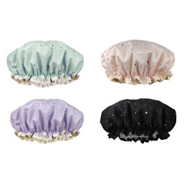 4 Pack Shower Caps, Elastic and Reusable Bonnet, Double Waterproof Layers, Bath Caps for Women (Pink/Black/Green/Purple)