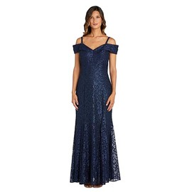 R&M Richards Women's Long Off The Shoulder Fishtail Evening Gown, Navy