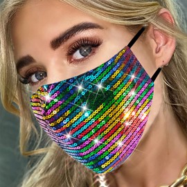 Sparkly Sequins Mouth Masc Fashion Designer Glitter Cotton Face Cover With Adjustable Ear Loops Reusable Masquerade Party Nightclub Rave Festival Sequins Face Covering (Colorful)