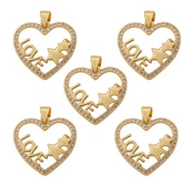 COGCHARGER 5 Pcs Heart Cubic Zirconia Pendant Heart with Star and Word Love Charm Pendant Golden for Jewelry Necklace Bracelet Making Crafts