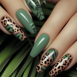 Leopard Print Press on Nails Green Fake Nails Long Coffin Sheped Glue on Nails Leaf Stick on Nails Glossy Full Cover Acrylic Nails Reusable Artificial Nails Kit for Women Girls 24Pcs