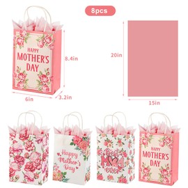 Colodeol 8 Pcs Mother's Day Gift Bags with Tissue Paper，Medium Small Mothers Day Bag with Handles Floral Mothers Paper Treat Candy bags Bulk for Mom Grandma Wife Women