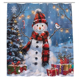 JONSEQIN Merry Christmas Shower Curtain Farmhouse Snowman Rustic Farm Winter Holiday Nature Watercolor Xmas Tree New Year Bathroom Decor Curtains 70x70 inch with Hook
