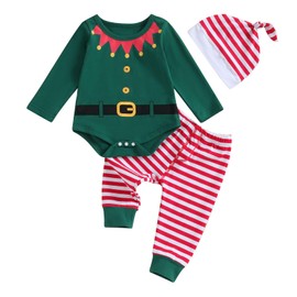 RWYBEYW My First Christmas Baby Girl Boy Outfit Christmas Elf Costume Long Sleeve Santa Romper Bodysuit Long Pants with Hat 3Pcs (Green, 9-12 Months)