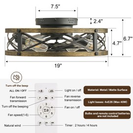 SabvioZh 19in Caged Farmhouse Ceiling Fan with Light, Flush Mount Ceiling Fans with Lights and Remote, Low Profile Bladeless Ceiling Fans with Lights for Bedroom, Kitchen (Flush Mount)