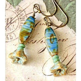Bronze, Blue Green and Rustic Dune Czech Glass Flowers Bloom Jewelry Earrings for Women #3298FE3987