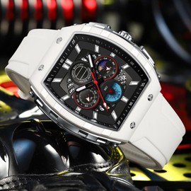 findtime Men Watch Chronograph Analog Sport Wristwatch Waterproof Running Stopwatch Watches for Men Luminous Moon Phase Unique Tonneau Mens Watches Second Hand