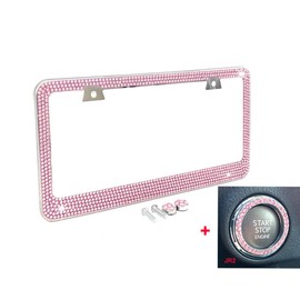 Bling 7 Rows Pink(A- Screw Cap Type) Crystal Rhinestone-Metal Chrome License Plate Frame with Two Caps