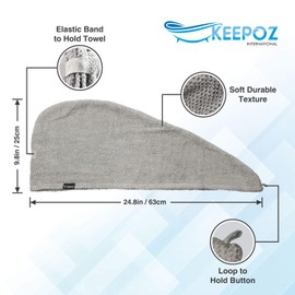 KEEPOZ Hair Towel Wrap Quick Dry 100% Cotton Super Absorbent Turban Head Wrap for Women with Button, Non Microfiber Anti Frizz Hair Cap for Curly, Long & Thick Hair (Grey Check, 2 Pcs)