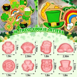 16 Pieces St. Patrick's Day Cookie Cutter 3D Plastic Cookie Stampers Shamrock Four Leaf Clover Horseshoe Beer Mug Gold Pot of Gold Rainbow Hat Biscuit Cutters for Irish Holiday Party (Elegant Style)
