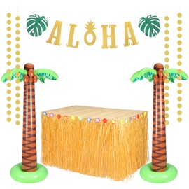 MiniInflat 4 Pcs Hawaiian Party Decorations Include 2 Pack 5.9ft Giant Inflatable Palm Trees 1 Pcs 9.06 x 2.46 ft Luau Grass Table Skirt 1 Glittery Aloha Banner for Tropical Summer Hawaiian Luau