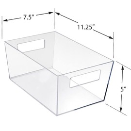 Azar Displays 556237 Large Clear Plastic Organizer Storage Tote Bin with Handle, Pantry Storage, Kitchen and Fridge Organizer, Cabinet and Drawer Container 11.25"" W x 7.5"" D x 5"" H, 4-Pack