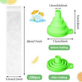Pack of 200 Water Ice Bags with Funnel, BPA-Free Ice Moulds for DIY Ice Lollies, Yogurt, Juice & Smoothies, Ice Pop Bags - Disposable Popsicle Bags for Homemade Water Ice Cream