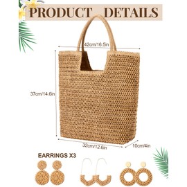 Loetere 5 Pcs Women Straw Bag and Hat Set, Large Straw Beach Bag, Floppy Sun Hats Packable Rattan Earrings for Summer 2025(Casual Style)