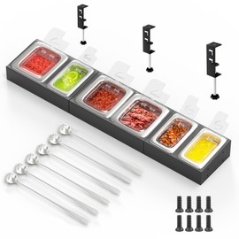 Pizza Topping Station for Grill Prep Stand Table, Condiment Containers with Clear Lids for Pizza Oven Cart Accessories, 38 Inches Length Stainless Steel Seasoning Food Containers w/6 Pcs Spoons