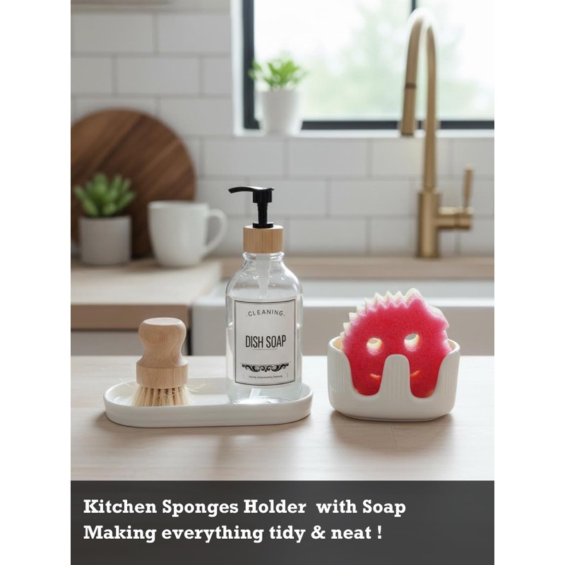 Ceramic Double Sponge Holder with Soap Tray, 2-Slot Countertop Sink