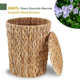 4 Gallons Wicker Trash Can with Lid - Bathroom Garbage Can - Boho Hand Woven Natural Water Hyacinth Wicker Waste Basket for Bedroom, Living Room, Home, Office