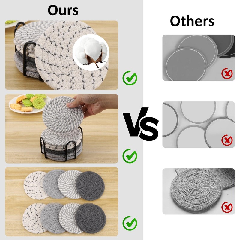 BTYMS 16Pcs Grey & Linen Woven Drink Coasters Set with