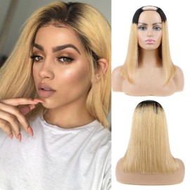 Huairisi U Part Ombre Blonde Bob Wigs for Women Straight Hair, 14 Inch 1b/27 Bob Wigs Human Hair No Lace, U Shape Bob Wig Glueless Black to Honey Blonde