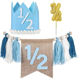 1/2 Birthday Boy Half Birthday Decorations High Chair Banner, Tassel Wood Bead Highchair Garland Blue