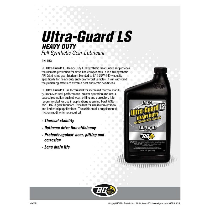BG Ultra-Guard LS Heavy Duty Gear Lubricant PN 75332 with