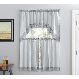 American Linen Café Curtains for Kitchen, Bathroom Curtains with Valance, Embroidered lace Border. (Steele Gray)
