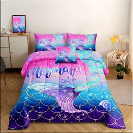 ROWADALO 6 Pieces Mermaid Scale Glitter Comforter Set Fish Scale Shell Starfish Girls Bedding Set,Gradient Blue Pink Purple Mermaid Tail Bed In A Bag Queen Size Complete Set for Girls Bedroom,MRY501-Q